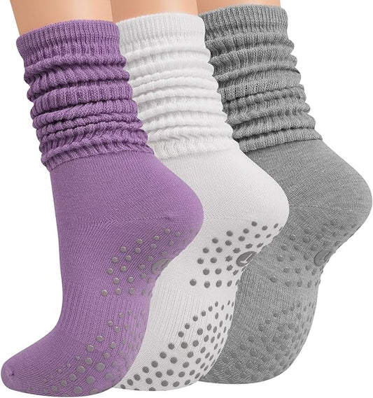Grip Pilates Socks for Women, Yoga Slouch Socks with Grip for Barre Workout Hospital Long Scrunch Slipper Socks