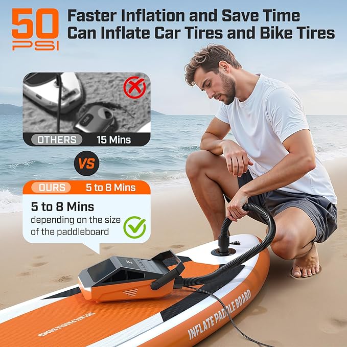 50PSI Paddle Board Pump Electric Portable, SUP Pump for Paddleboard Car Tire with Auto-Off & Deflation Function, 12V DC Car Connector for Stand Up Paddle Boards Kayaks Boats Mattresses Auto Tyre Bike