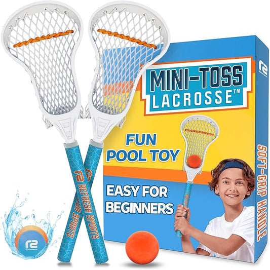Mini Toss Lacrosse Set – The Ultimate Game for the Backyard and Pool- Fun Gift for Kids - Comes with Water Skipping Ball & Rubber Ball - Comes with Full Size Large Basket for Easier to Catch & Throw