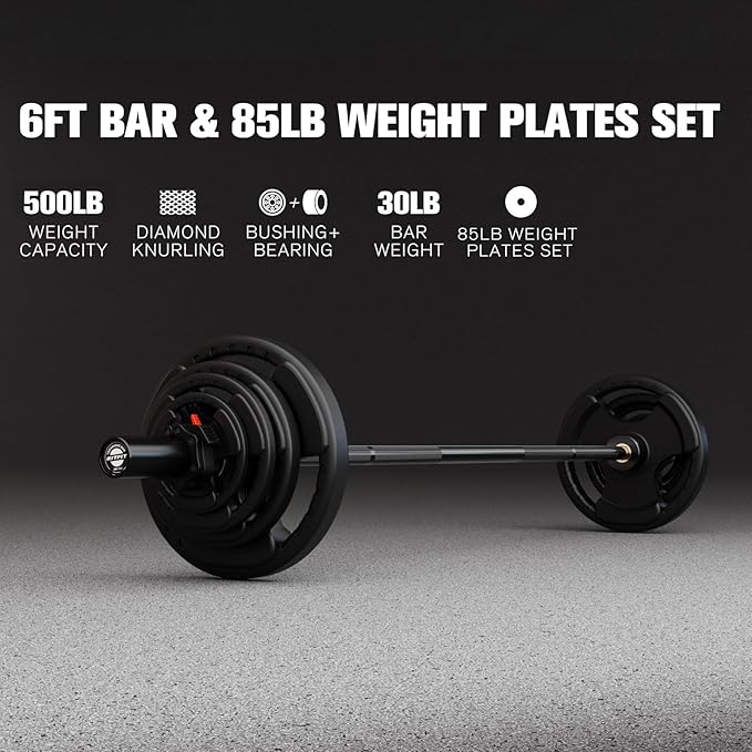 RitFit Barbell Weight Set - 4/6FT Olympic Barbell with Weight Plates (55-275LB Total) - Weightlifting Equipment for Squats, Curls, Deadlifts, Presses, Hip Thrusts