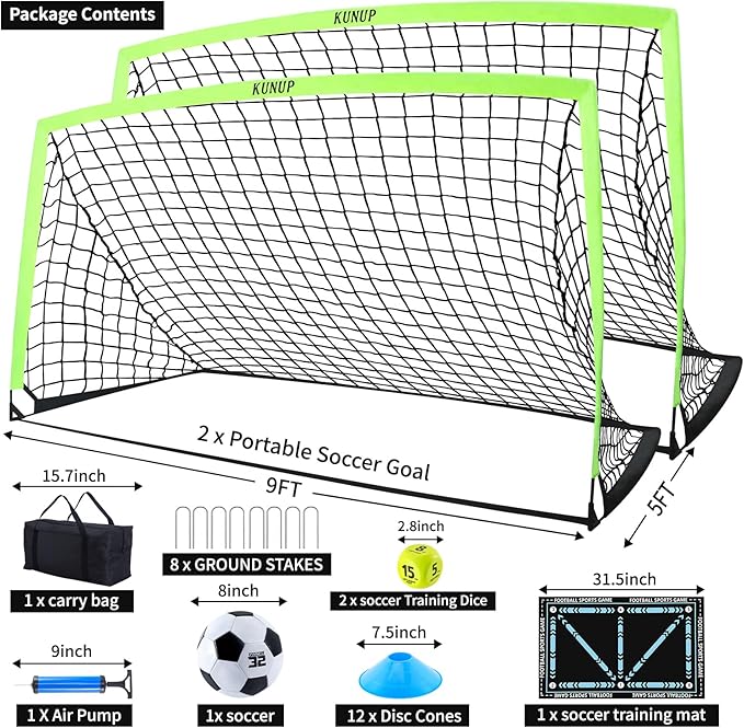 2 Pack Kids Soccer Goal for Backyard Set 9x5FT Portable Pop Up Soccer Net Training Equipment with Soccer Ball, Training Dice Mat, Cones and Carry Bag for Youth Toddler Teams Indoor Outdoor Sport Game