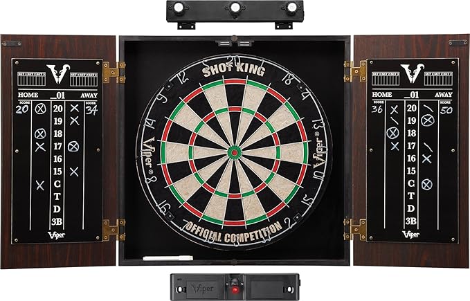 Viper Stadium Cabinet & Shot King Sisal/Bristle Dartboard Ready-to-Play Bundle with Two Sets of Steel-Tip Darts, Throw Line, and Dry Erase Scoreboards, Walnut Finish