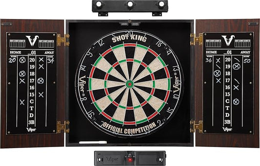 Viper Stadium Cabinet & Shot King Sisal/Bristle Dartboard Ready-to-Play Bundle with Two Sets of Steel-Tip Darts, Throw Line, and Dry Erase Scoreboards, Walnut Finish