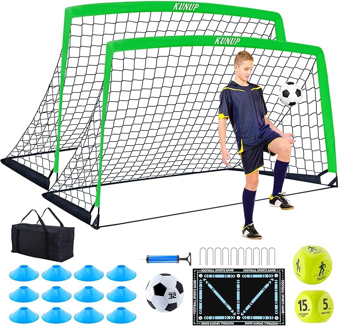 2 Pack Kids Soccer Goal for Backyard Set 9x5FT Portable Pop Up Soccer Net Training Equipment with Soccer Ball, Training Dice Mat, Cones and Carry Bag for Youth Toddler Teams Indoor Outdoor Sport Game