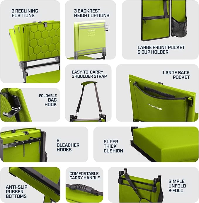 Extra Wide Folding Reclining Stadium Seat with Back Suppot for Bleachers, Bleacher Hooks, Thick Cushion, Cup Holder, Storage Pockets – Portable Chair for Kayak, Canoe, Paddle Board, Concerts, & Sports
