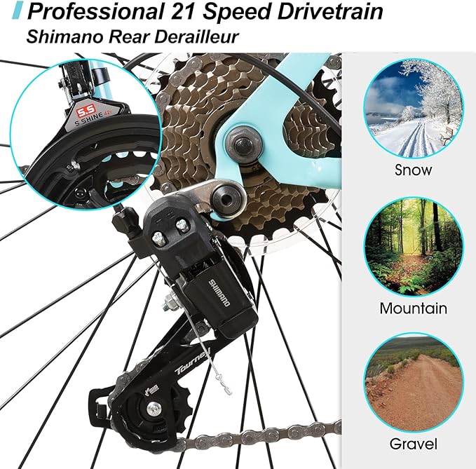 HILAND 26 Inch Womens and Mens Mountain Bike, 21 Speed Steel Frame Adult Bicycle, MTB Bikes with Suspension Fork, Purple Green White