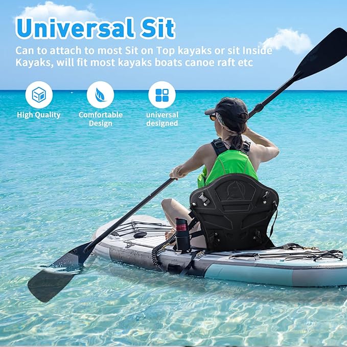 Kayak Seat Deluxe Padded Fishing Boat Seat Deluxe Sit-On-Top Canoe Seat Cushioned - Comfortable Backrest Support Universal Sit with Adjustable Back Strap Detachable Storage Bag