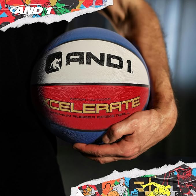 AND1 Xcelerate Rubber Basketball: Official Regulation Size 7 (29.5”) Streetball, Made for Indoor/Outdoor Games