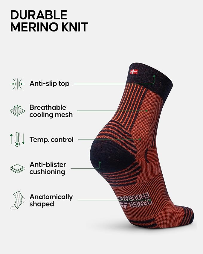 DANISH ENDURANCE Light Hiking Socks, Merino Wool Socks, Anti Blister, Sweat Wicking, Breathable, Men & Women, 3 or 5-Pack