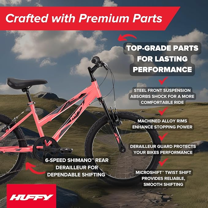 Huffy Stone Mountain Hardtail Mountain Bike for Boys/Girls/Men/Women, 20"/24"/26" Sizes, 6 or 21 Speed Shimano Twist Shifting, Front or Dual Suspension, Comfort Saddle, Sleek Colors