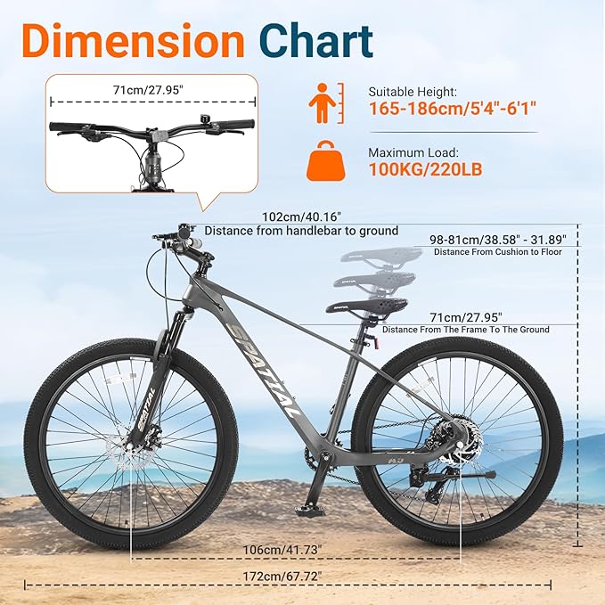 SPATIAL Mountain Bike, 24/26/27.5/29 inch Outdoor Cycling Bike,21/8 Speed Lightweight Aluminum Frame | Dual Disc Brakes,Adjustable Ergonomic Seat for Men Women Adult,MTB Bicycle