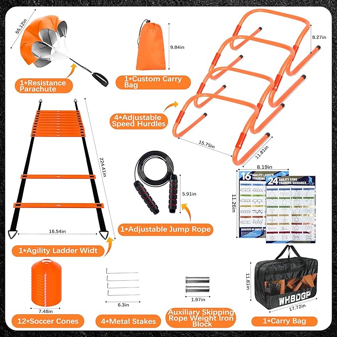 Agility Ladder Speed Training Equipment Set-20ft Agility Ladder,12 Soccer Cones,4 Hurdles,Jump Rope,Running Resistance,Soccer Football Training Equipment with Carrying Bag for Kids Adults