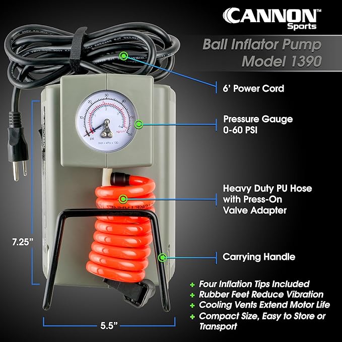 Cannon Sports Electric Ball Inflator Pump with Pressure Gauge - Powerful 1/8 HP Oil-Less Compressor, Inflates Balls, Exercise Balls, Tires, Pool Floats, Air Mattresses, and More