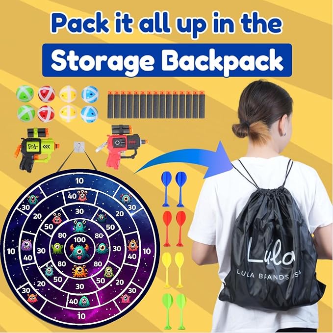 Lula Brands Dart Board for Kids w/Backpack, Shoot Sticky Darts, Balls & Darts, Large 29” Double Sided Indoor Outdoor Sport Party Game, 4 Children Boys Girls 5 6 7 8 9 10 11 12 13