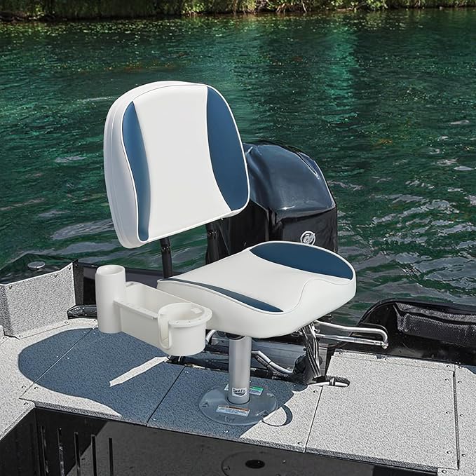 Folding Boat Seat Low Back Fishing Boat Seats with Caddy Organizer, White/Blue/White