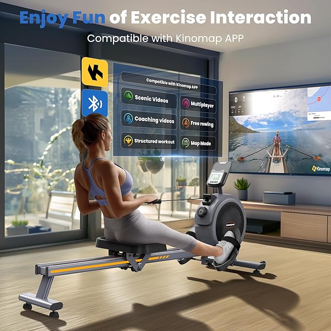 FEIERDUN Rower Machine, Compact Rowing Machines for Home with 350LBS Loading Capacity, Magetic Rower Machine for Home with APP, Row Machine with Dual Slide Rail
