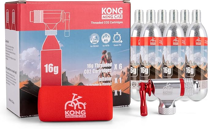 CO2 Inflator Kits with 6 X 16g / 25g CO2 Threaded Cartridges for Bike Tires, Presta and Schrader Valve Compatible, CO2 Bike Tire Pump for Mountain and Road Bicycles