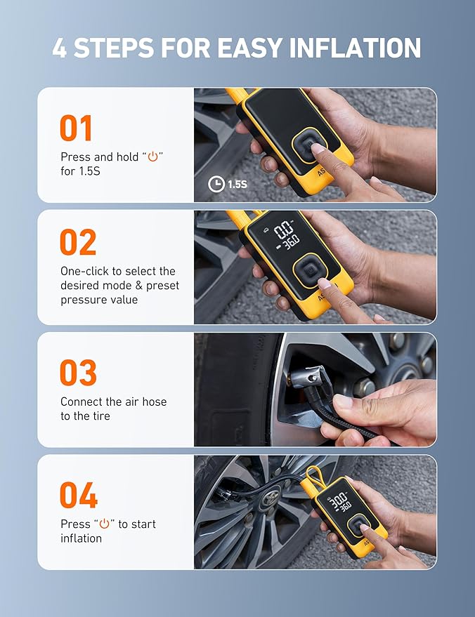 AstroAI L7 Air Tire Inflator Portable Air Compressor, 150PSI Electric Cordless Bike Pump with Fast 1-min Inflation, Auto Shutoff, LED Light – Rechargeable for Car, SUV, Motorcycle, Bike Tires, Yellow