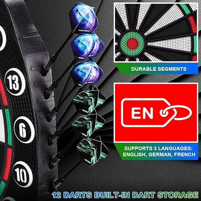 WIN.MAX Electronic Dart Board Soft Tip Dartboard Set LED Displays 3 Languages with 12 Darts 100 Tips Power Adapter