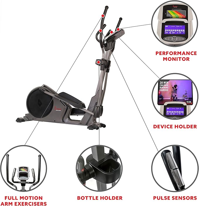Sunny Health & Fitness Programmable 16 Electro-Magnetic Elliptical Cross Trainer Exercise Machine, Full-Body Cardio Equipment w/ 24 Pre-Built Workouts, 330LB Capacity,Optional Free SunnyFit App Link