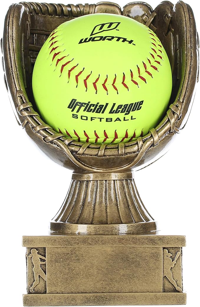 Decade Awards Action Pedestal Softball Glove Trophy – Engraved Game Ball Holder Display – Custom Softball Award for MVPs, Coaches, Players, Teams – Celebrate Wins – Customize Now (8 Inch)