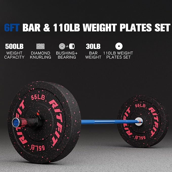 RitFit Barbell Weight Set - 4/6FT Olympic Barbell with Weight Plates (55-275LB Total) - Weightlifting Equipment for Squats, Curls, Deadlifts, Presses, Hip Thrusts