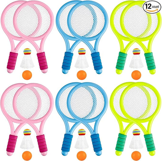 12 Pcs Plastic Kids Tennis Racket Set with 6 Pcs Tennis Balls and 6 Shuttlecocks Training Balls Badminton Paddle Racket Toy for Children Toddler Outdoor Indoor Beach Sports Gifts