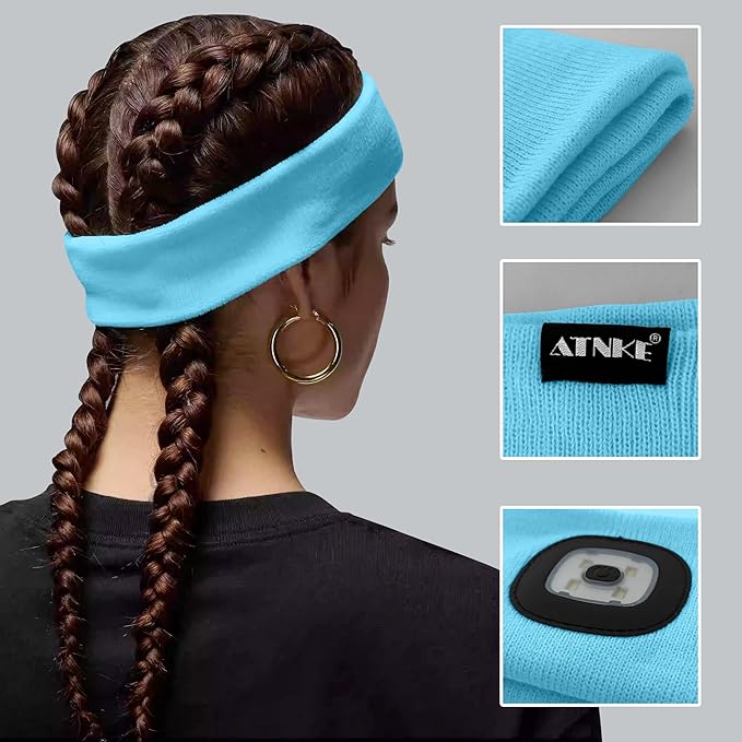 ATNKE 4 LED Lighted Sport Sweatband,USB Rechargeable Running Head Band Lamp High Stretch Wicking Gifts for Men and Women