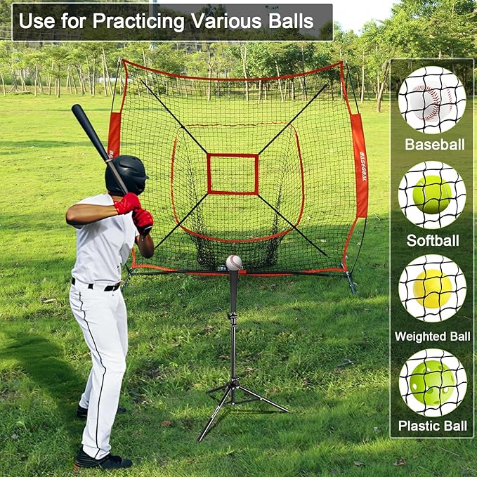 7'×7' Baseball Softball Practice Net,Baseball Backstop,with Batting Tee,for Hitting Pitching Batting Catching with Bow Frame,Bonus Strike Zone