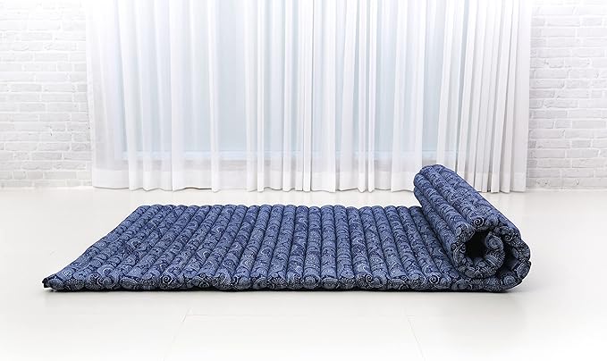 Leewadee - Kapok Roll Mat – Handcrafted Folding Sleep & Relaxation Mattress from Thailand, Ideal as Guest Bed, Camping Mat, Yoga Mat or Traditional Futon, 75 x 39 inches, Blue White