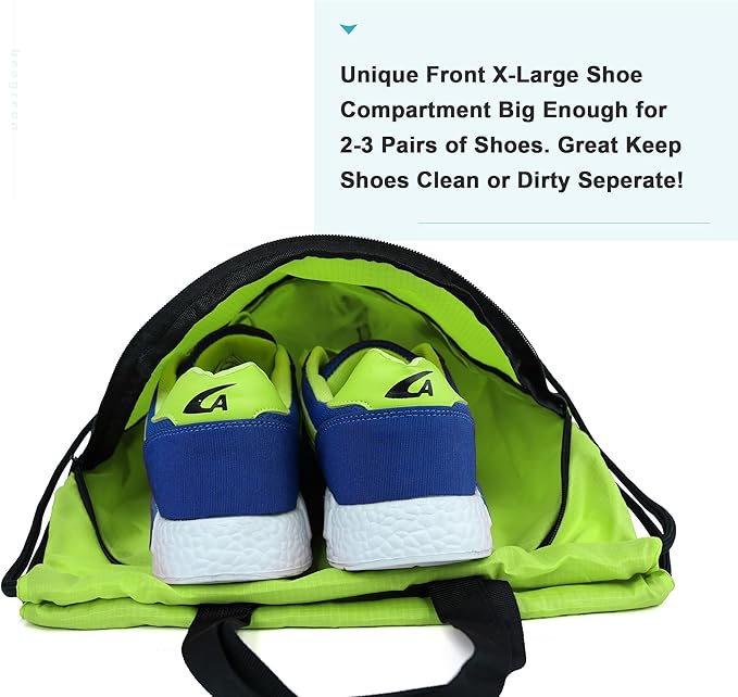 BeeGreen Drawstring Backpack Bag with Shoe Compartment, X-Large Black Gym Sports String Cinch Backpack