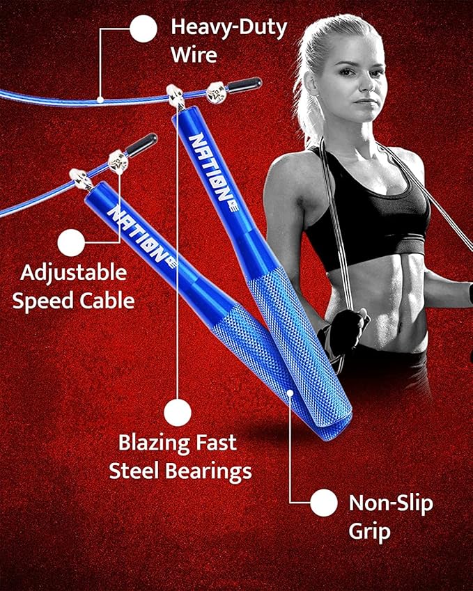 WOD Nation Adjustable Jump Rope - Blue, 10 ft Adjustable Length - High-Speed Cable Skipping Rope with Smooth 360° Rotation - Aluminum Grip Handles for Boxing & HIIT Fitness