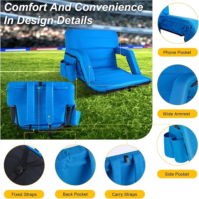 Stadium Seats with Back Support Wide, Exclusive Bleacher Chairs with Back and Cushion Folding Stadium Chairs, 6 Reclining Positions Waterproof Bleacher Seats with 2 Hooks (Wide|22.5" Blue)