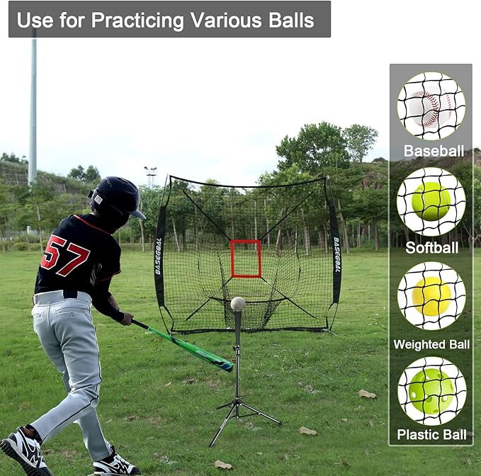 7'×7' Baseball Softball Practice Net,Baseball Backstop,with Batting Tee,for Hitting Pitching Batting Catching with Bow Frame,Bonus Strike Zone