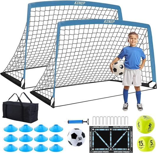 2 Pack Kids Soccer Goal for Backyard Set 5x3FT Portable Pop Up Soccer Net Training Equipment with Soccer Ball, Training Dice Mat, Cones and Carry Bag for Youth Toddler Teams Indoor Outdoor Sport Game