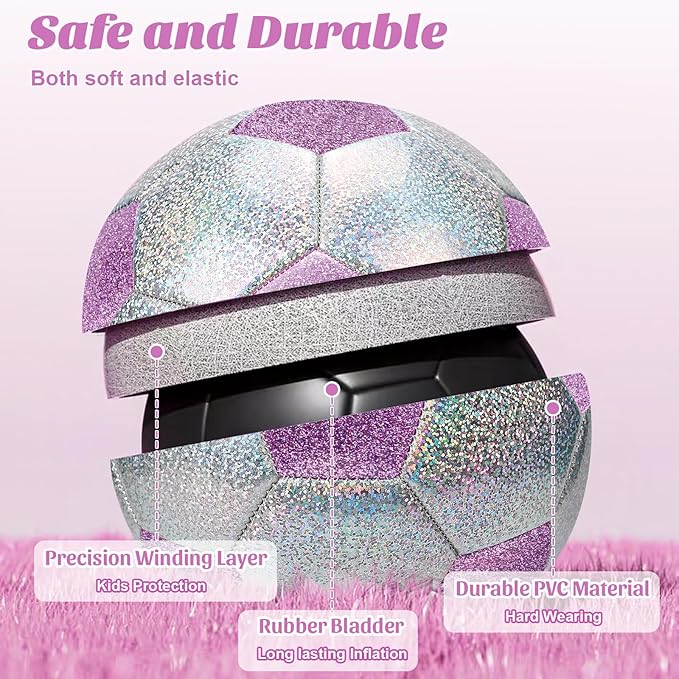 Soccer Ball Size 3 4 5 Glitter Pink Purple Silver with Pump Toddler Soccer Ball for Kids Aged 3-6 6-8 8-12 Outdoor Training Ball for Girls Boys Children Youth Teens