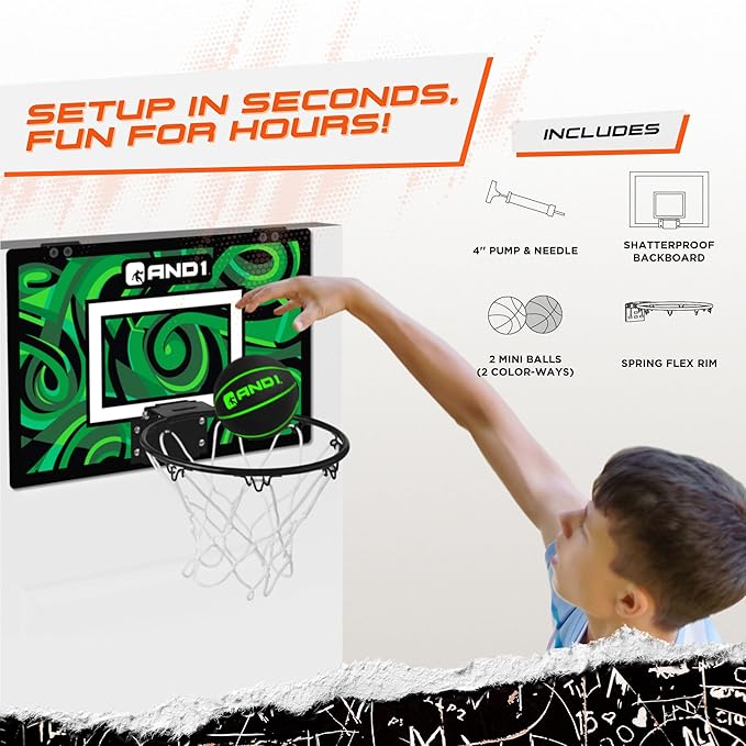AND1 Over the Door Mini Basketball Hoop: 18x12 Shatterproof Backboard, 2 Mini Basketballs, and Hand Pump Included- Ultimate Indoor Basketball Accessory for Kids and Adults, No Tools Required