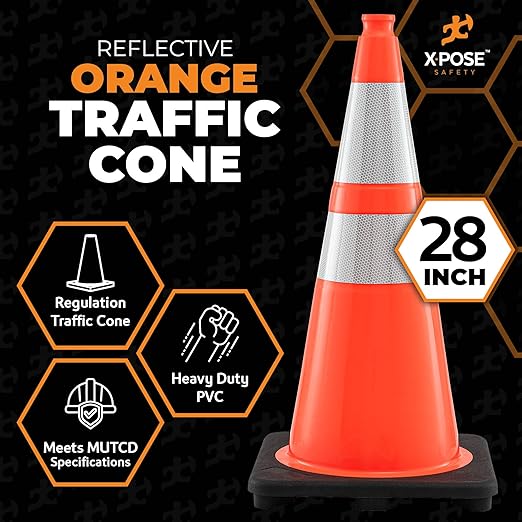 Xpose Safety 28 Inch Orange Traffic Cones with 6" & 4" Collar, 8-Pack - Multipurpose PVC Plastic Safety Cone for Parking, Soccer, Caution, Kids and Construction - DOT Approved