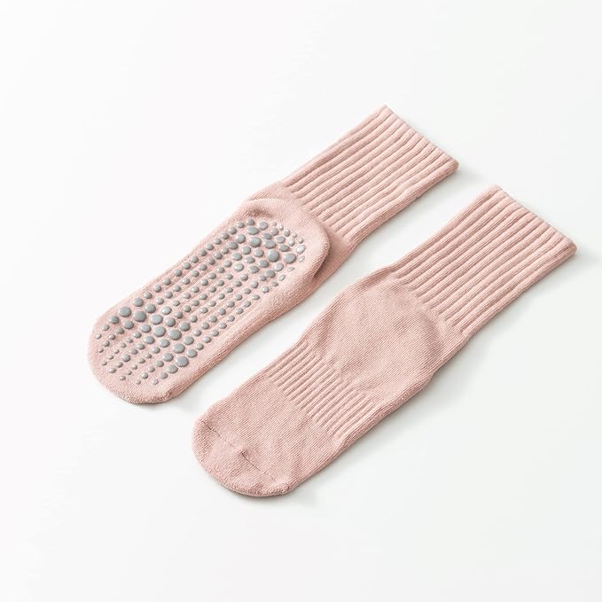 Yoga Pilates Socks with Grips for Women Non Slip Solid Colored Fleece Cushioned Mid Calf Crew Socks for Barre Ballet Dance