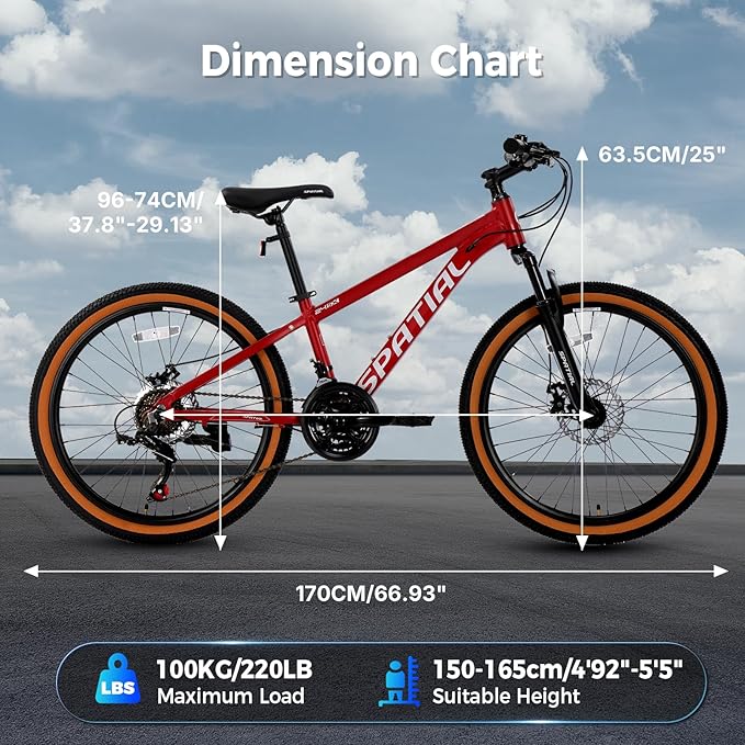 SPATIAL Mountain Bike, 24/26/27.5/29 inch Outdoor Cycling Bike,21/8 Speed Lightweight Aluminum Frame | Dual Disc Brakes,Adjustable Ergonomic Seat for Men Women Adult,MTB Bicycle