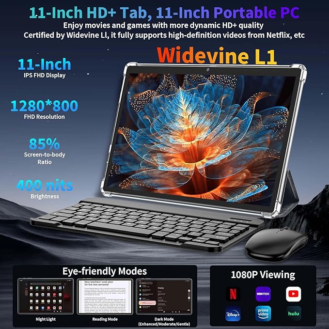 Android 15 Tablet, 2025 Upgraded 11 inch Android Tablets with Keyboard, 24GB+256GB+2TB Expand, Support Face Unlock+18W Fast Charging, Octa-Core CPU,Dual WiFi6, Dual Camera,8000mAh Battery, Green