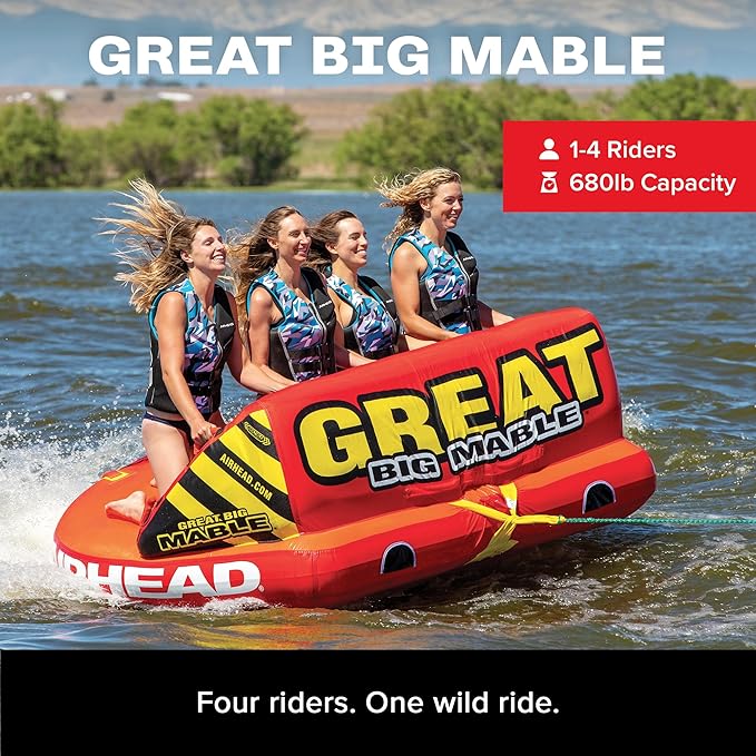Airhead Mable Inflatable Towable Tube, 1-4 Rider Models, Dual Tow Points, Full Nylon Cover, EVA Foam Pads, Patented Speed Valve, Boat Tubes and Towables