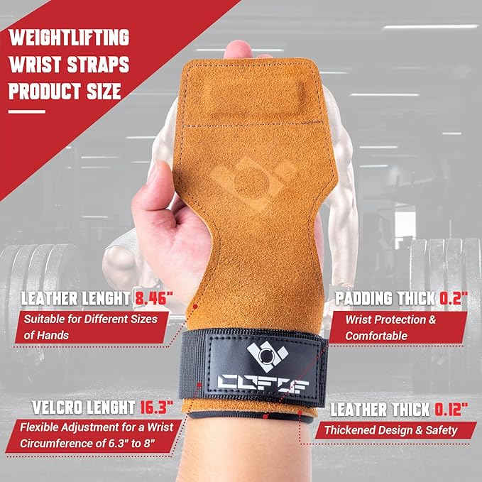 Weight Lifting Wrist Strap, Double Layer Leather Wrist Strap for Deadlift and Powerlifting, Adjustable Neoprene Padded Gym Workout Lifting Hooks (Pair)