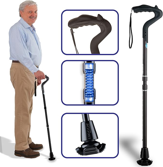 Ergocane 2G by Ergoactives As Seen On TV. Spring-Assisted Shock Absorber Fully-Adjustable Ergonomic Cane, Newly Released, Equipped with Stand Alone High Performance Rubber Tip (Matte Black Design)