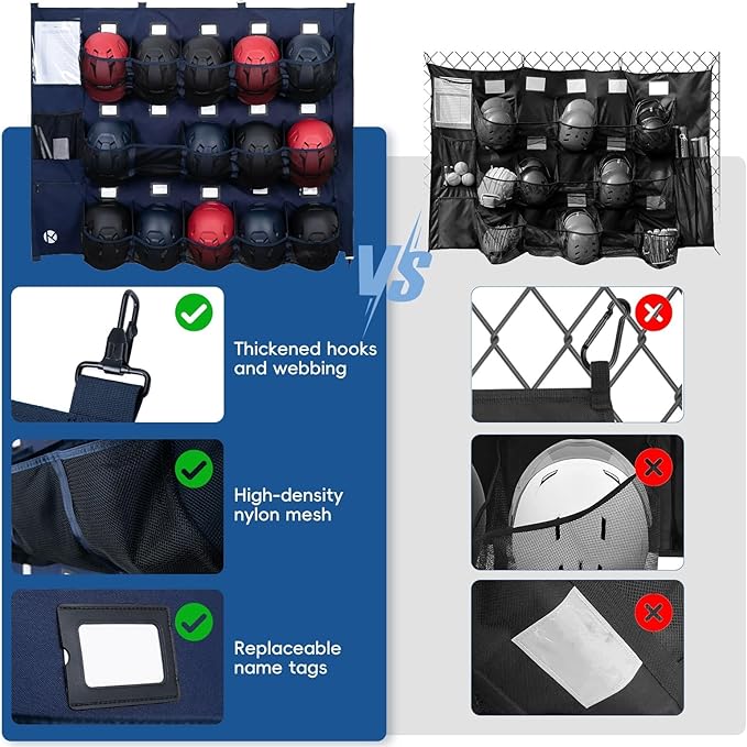 Baseball/Softball Dugout Organizer - 15+ Helmet & Glove Storage Bag, Military-Grade 900D Fabric & 6 Reinforced Steel Hooks