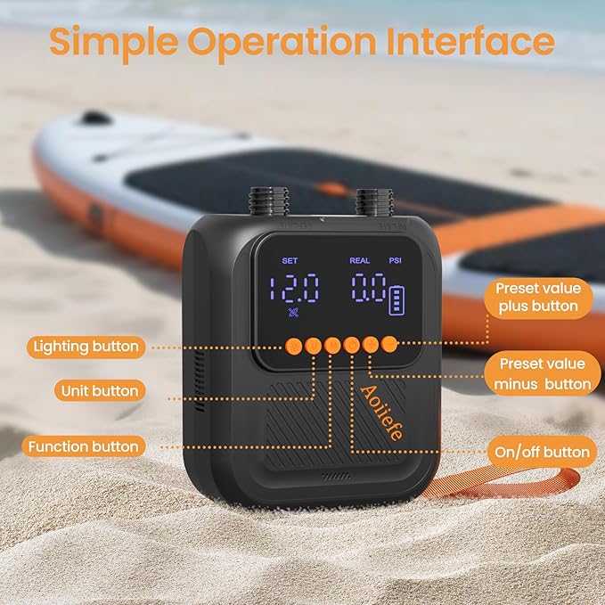 Portable Rechargeable Electric SUP Paddle Board Pump, Intelligent Dual Stage Inflation&Deflation, Up to 20PSI and Auto-Off for Stand UP Paddle Boards, Kayaks, Tents