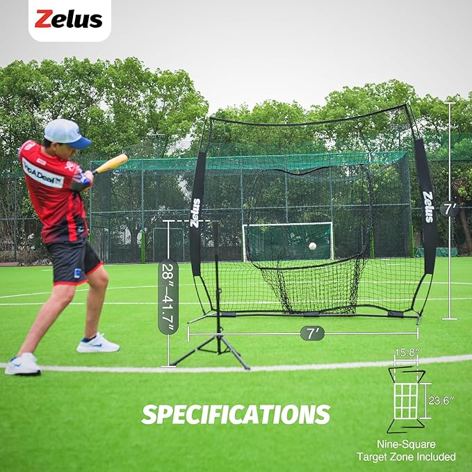 ZELUS 7x7 ft Baseball Softball Practice Net, Hitting and Pitching Net with Adjustable Batting Tee 2 Strike Zone, Portable Baseball Backstop Net with Carry Bag, Great for All Skill Levels