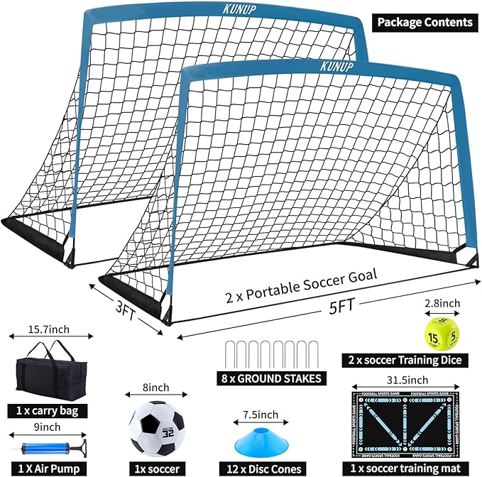 2 Pack Kids Soccer Goal for Backyard Set 5x3FT Portable Pop Up Soccer Net Training Equipment with Soccer Ball, Training Dice Mat, Cones and Carry Bag for Youth Toddler Teams Indoor Outdoor Sport Game