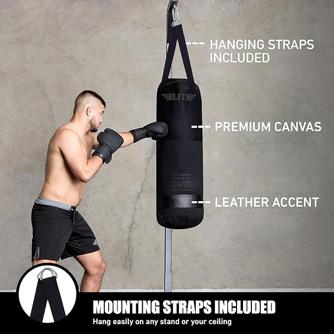 Elite Sports Boxing Bag – Heavy Duty Canvas Punching Bag with Straps for Boxing, Training, MMA, Muay Thai, Kickboxing, Martial Arts & Fitness – Unfilled Heavy Bag