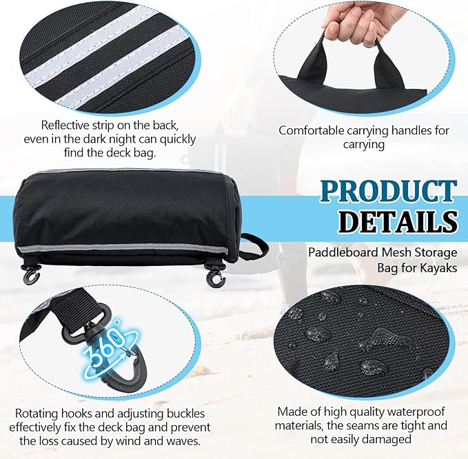Abbylike Paddleboard Storage bag 15.4'' x 11.4'' Waterproof Deck Bag Oxford Cloth Deck Cooler Pouch with Reflective Strip Swivel Hook Zipper Paddle Board Accessories for Summer Kayak Surfboard